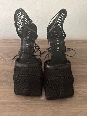 Gianni Bini Black Mesh Lace-Up Square-Toe Heels